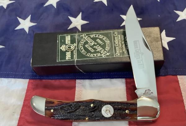 Queen Cutlery Single Blade Folding Hunter (#44) w/ Great Amber Stag Bone Handles -NOS in orig box Queen Cutlery Single Blade Folding Hunter (#44) w/ Great Amber Stag Bone Handles -NOS in orig box