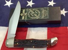 Queen Cutlery Single Blade Folding Hunter (#44) w/ Great Amber Stag Bone Handles -NOS in orig box