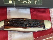 Queen Cutlery Single Blade Folding Hunter (#44) w/ Great Amber Stag Bone Handles -NOS in orig box