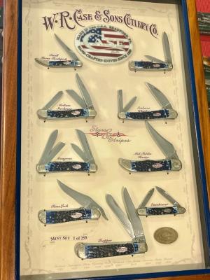 Case xx Mint Set 1 of 250 STARS AND STRIPES Series Set w Great Blue Bone Handles USA Flag Shield