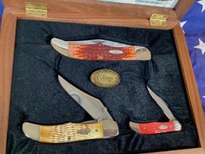 Case xx 3 Knife set Tiny Hunter Mid Folder And Folding Hunter w Bone handles -NOS