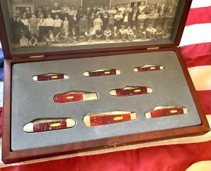 Case xx One of 500 Dark Red Bone Set w Dark Red Bone Handles Gold Shield amp Scrolled Bolsters
