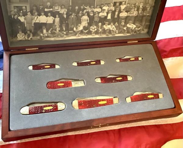 Case xx, One of 500, Dark Red Bone Set w/ Dark Red Bone Handles +Gold Shield & Scrolled Bolsters Case xx, One of 500, Dark Red Bone Set w/ Dark Red Bone Handles +Gold Shield & Scrolled Bolsters