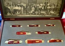 Case xx, One of 500, Dark Red Bone Set w/ Dark Red Bone Handles +Gold Shield & Scrolled Bolsters