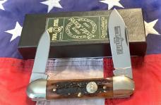 Queen Canoe Knife w/ Amber Carved Stag Bone Handles (Mdl# 64 ACSB) -NOS in orig box & Minty 