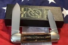 Queen Canoe Knife w/ Amber Carved Stag Bone Handles (Mdl# 64 ACSB) -NOS in orig box & Minty 