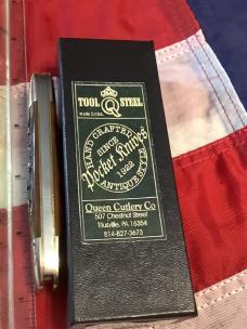 Queen Canoe Knife w/ Amber Carved Stag Bone Handles (Mdl# 64 ACSB) -NOS in orig box & Minty 