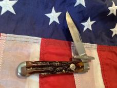 Queen Made Cheetah / Swing Guard w/ Amber Carved Stag Bone Handles (Mdl# 1L ACSB) -NOS in orig box