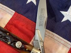 Queen Made Cheetah / Swing Guard w/ Amber Carved Stag Bone Handles (Mdl# 1L ACSB) -NOS in orig box