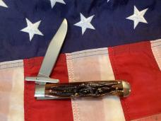 Queen Made Cheetah / Swing Guard w/ Amber Carved Stag Bone Handles (Mdl# 1L ACSB) -NOS in orig box