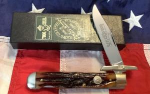 Queen Made Cheetah  Swing Guard w Amber Carved Stag Bone Handles Mdl 1L ACSB -NOS in orig box