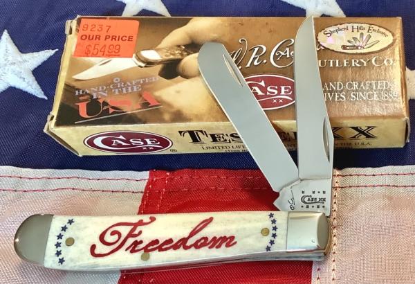 Case xx 2011 Medium Trapper (Mdl# 6207 SS) w/ Natural Bone Handles w/ Red Text Freedom And Stars Case xx 2011 Medium Trapper (Mdl# 6207 SS) w/ Natural Bone Handles w/ Red Text Freedom And Stars