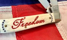 Case xx 2011 Medium Trapper (Mdl# 6207 SS) w/ Natural Bone Handles w/ Red Text Freedom And Stars