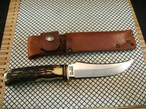 SCHRADE 498 USA VINTAGE CARBON STEEL CUSTOM "BENCH MADE" 49'R GOLD RUSH COMMEMORATIVE KNIFE & SHEATH