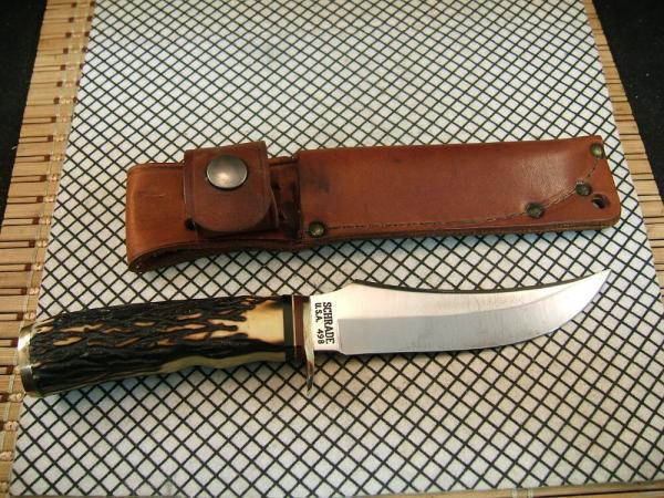 SCHRADE 498 USA VINTAGE CARBON STEEL CUSTOM "BENCH MADE" 49'R GOLD RUSH COMMEMORATIVE KNIFE & SHEATH SCHRADE 498 USA VINTAGE CARBON STEEL CUSTOM "BENCH MADE" 49'R GOLD RUSH COMMEMORATIVE KNIFE & SHEATH