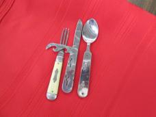 RARE COLONIAL USA White Camp SPORT PAL Hobo Knife Fork Spoon Can Opener