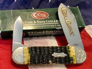 Case xx Elephants Toe Knife w Olive Green Bone Handles Case Classic Blace Etch amp Scrolled Bolsters