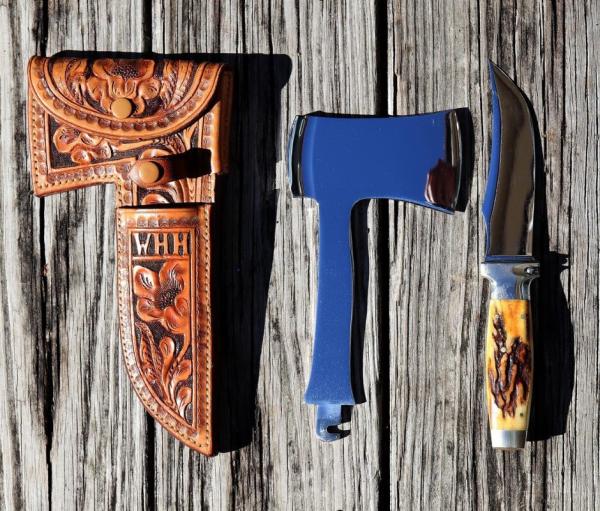 Unused Case's Tested XX Interchangeable hatchet, knife with stag handle & hand tooled sheath1935-40 Unused Case's Tested XX Interchangeable hatchet, knife with stag handle & hand tooled sheath1935-40