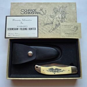 Vintage 1976 Schrade USA 260SC Scrimshaw American Eagle Folding Hunter Knife CIB