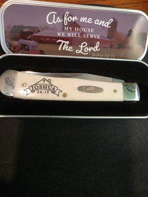 Case Religious Natural Bone Tru-Sharp Steel Trapper Commemorative Tin
