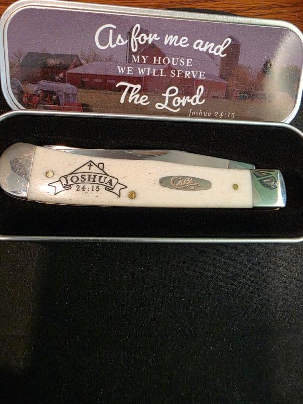 Case Religious Natural Bone Tru-Sharp Steel Trapper Commemorative Tin
