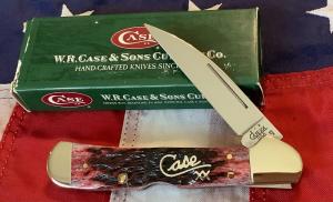 Case xx 2002 Copperlock Mdl 61549ZW L SS with WOWZER Cranberry Bone Handles Silver Script