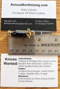 Miniature Switchblade Knife, Imitation Horn Scale, Gold Plated Frame, Original Box, Italy