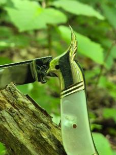 5 3/4" Gorgeous Cockatiel's Head Bolsters Half Congress Knife, Genuine MOP Handles
