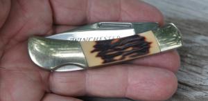 Winchester 3 14quot Closed Factory Mint Faux Stag Lock Back Nickel bolsters Brass Liners