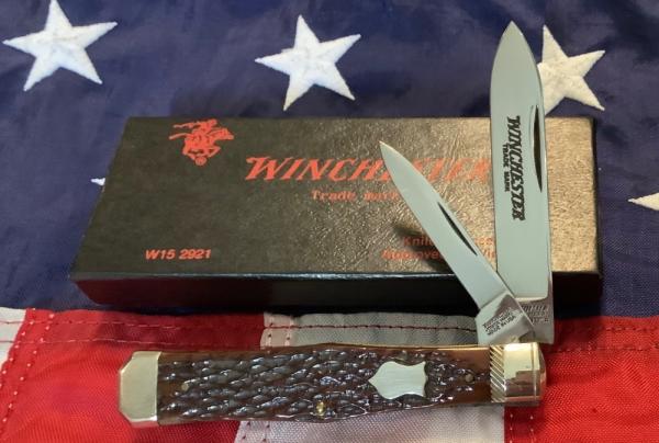 1987 Winchester Coffin Jack Knife (Mdl# 2921) w/ Nice Brown Bone Handles Handles -.NOS in orig box 1987 Winchester Coffin Jack Knife (Mdl# 2921) w/ Nice Brown Bone Handles Handles -.NOS in orig box