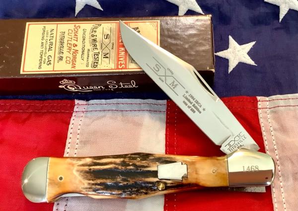 1994 Schatt & Morgan IBCA Club Large Folding Hunter with Great Stag Slab Handles -NOS
