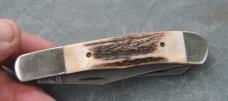 Parker Edwards J'ville AL 2 Bl Trapper Factory Mint 4 1/8" Closed Stag Snap Both Ways
