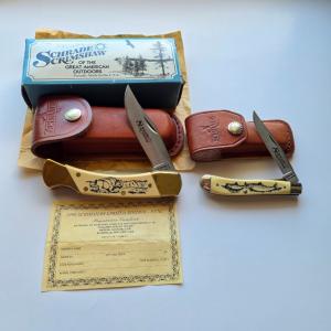 Vintage 1996 Schrade USA Scrimshaw Salesman Sample Set 507SC amp 503SC Matching SS17