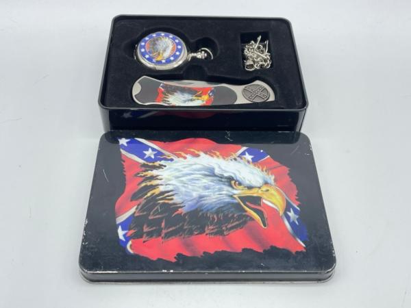Stainless China Eagle & Confederate Flag Knife & Pocket Watch Set