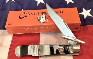 Colonel Coon by Queen Cheetah  Swing Guard Knife w Praters Coon Stripe Handles -NOS in orig box