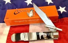 Colonel Coon (by Queen) Cheetah / Swing Guard Knife w/ Praters Coon Stripe Handles -NOS in orig box