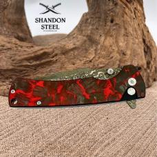 Klaken Knives Riftline Red/Black Carbon Fiber Damascus Button Lock Knife (65)