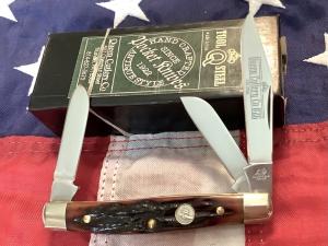 Queen Cutlery Stockman 26 w Great Amber Stag Bone Handles -NOS 