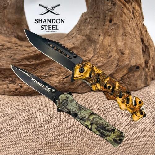 Schrade X-Timer XT11C & Elite Edge AC3BC 2 Pocketknives Camo Handles (118) Schrade X-Timer XT11C & Elite Edge AC3BC 2 Pocketknives Camo Handles (118)