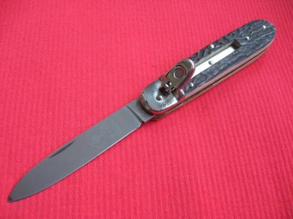 Vintage German BOKER 715R Dark Stag Leverlock Switchblade Knife - Early Blade Etch - New Old Stock!