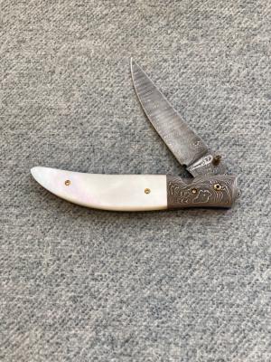 RB JOHNSON Clearwater Minnesota DamascusTitanium Mother-of-Pearl LinerLock Pocket Knife