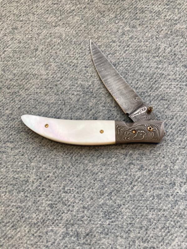 R.B JOHNSON, Clearwater, Minnesota, Damascus/Titanium, Mother-of-Pearl, LinerLock Pocket Knife R.B JOHNSON, Clearwater, Minnesota, Damascus/Titanium, Mother-of-Pearl, LinerLock Pocket Knife
