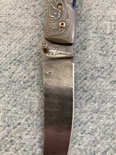 R.B JOHNSON, Clearwater, Minnesota, Damascus/Titanium, Mother-of-Pearl, LinerLock Pocket Knife