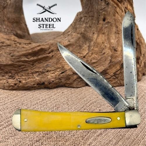 KABAR OLEAN NY USA YELLOW DELRIN TRAPPER 2 BLADE FOLDING POCKET KNIFE (130)