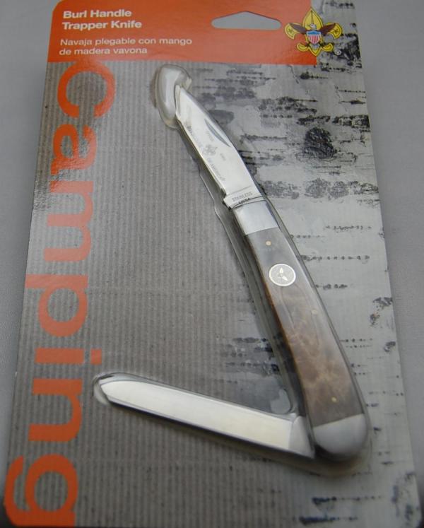 Official BSA Boy Scout Pocket Knife In Mint Condition With Burl Wood Covers 4 1/8" Long (577)