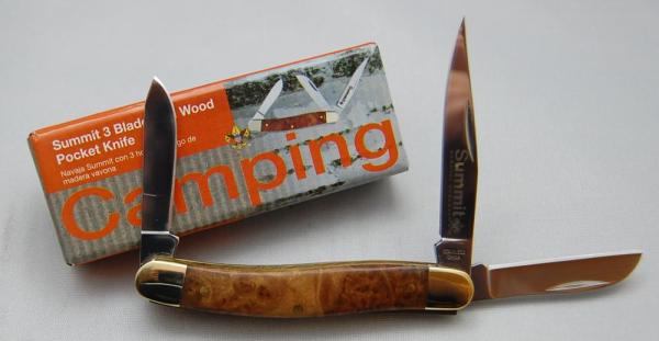 Official BSA Boy Scout Pocket Knife In Mint Condition With Burl Wood Covers 3 1/2" Long (592)