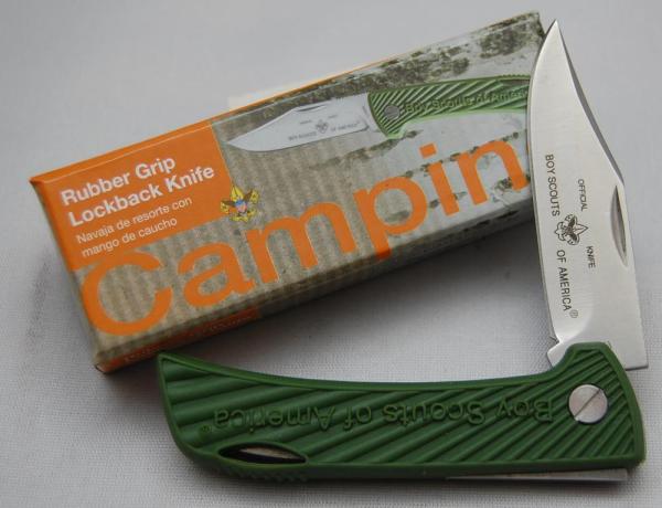 Official BSA Boy Scout Pocket Knife In Mint Condition With Green Rubber Covers 3 3/8" Long (595)