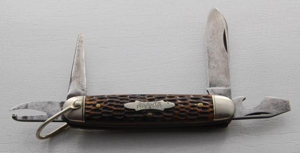 Schrade Unofficial Scout Pocket Knife In Excellent Condition With Brown Jigged Bone Covers (731)