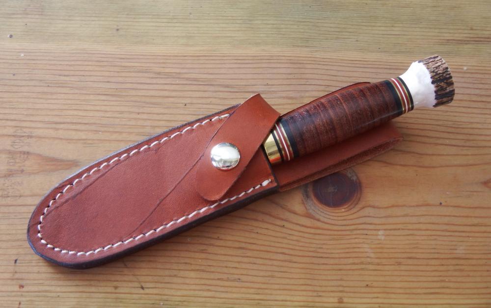 MARBLE'S PLAINSMAN KNIFE, Stacked Leather Handle/Stag Pommel, Made in USA