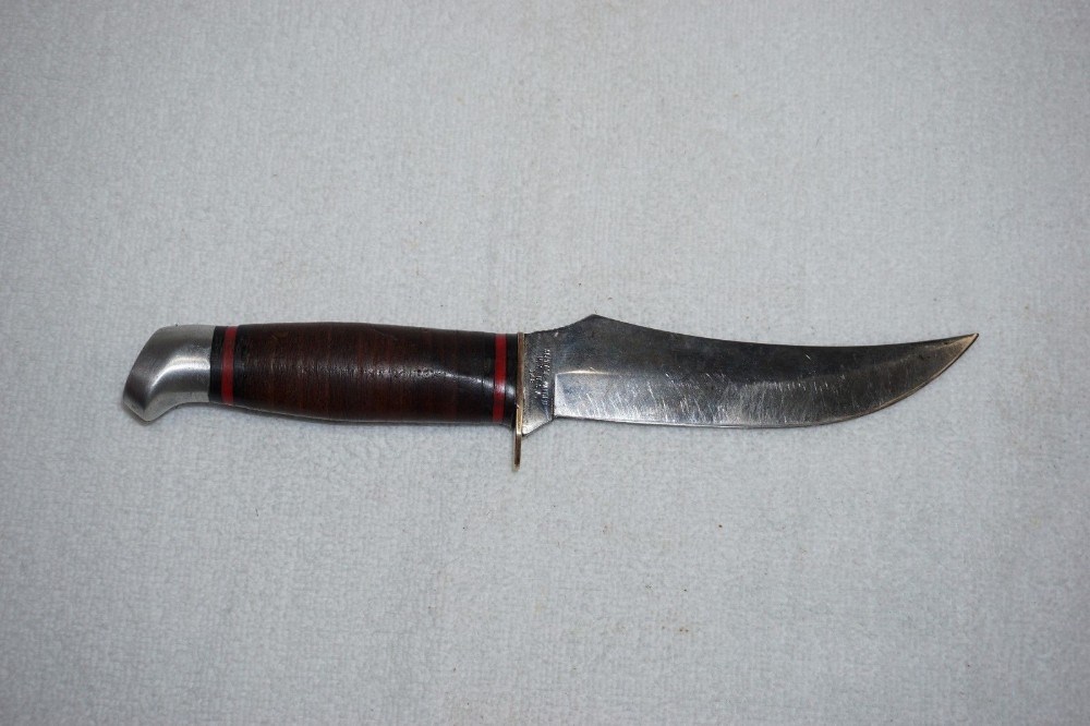 SCHRADE WALDEN NY USA 148 Fixed Blade Knife w/Stacked Leather Handle & Leather Sheath